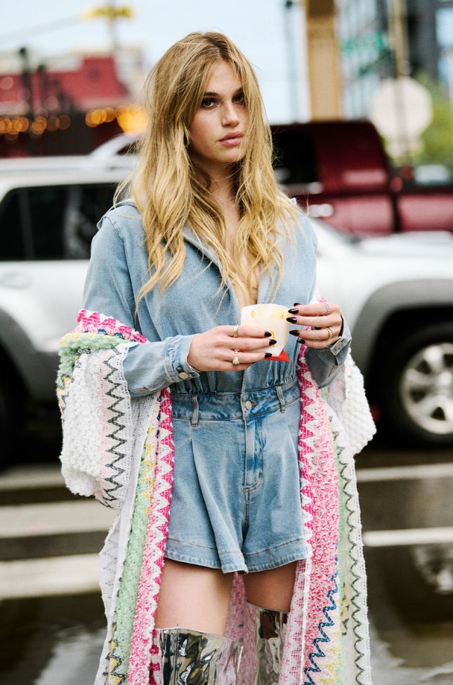 Extra View Chill Morning Hooded Denim Romper