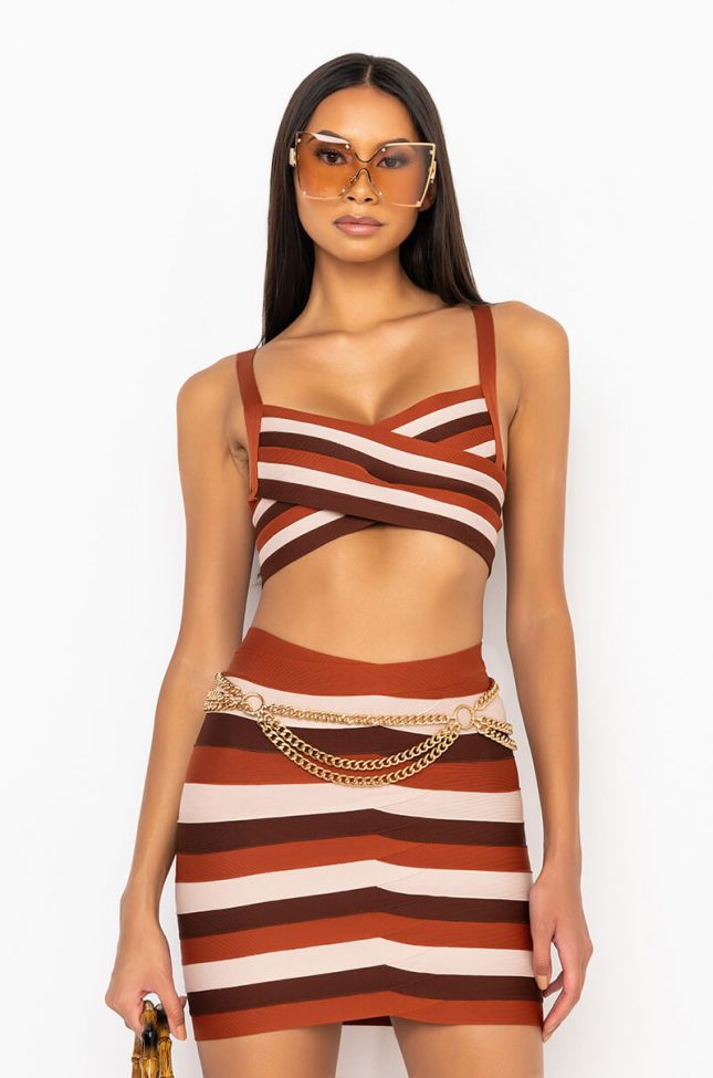 Front View Chocolate Bandage Top in Brown Multi