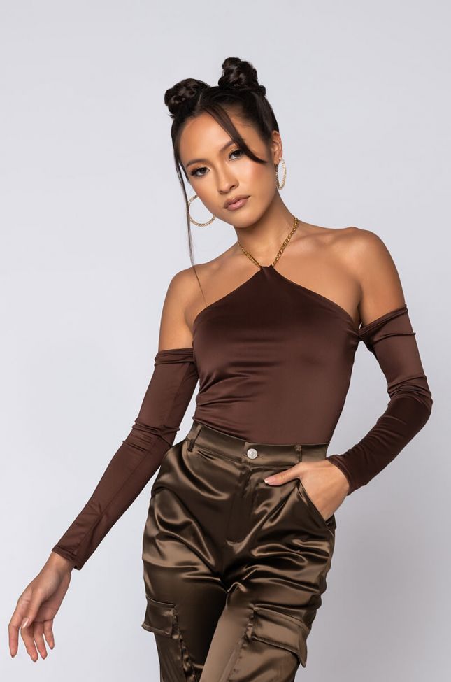 Front View Chocolate Halter Neck Chain Detail Long Sleeve Bodysuit in Brown