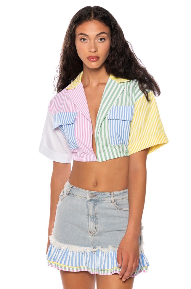 Front View Christy Color Blocked Button Down Top