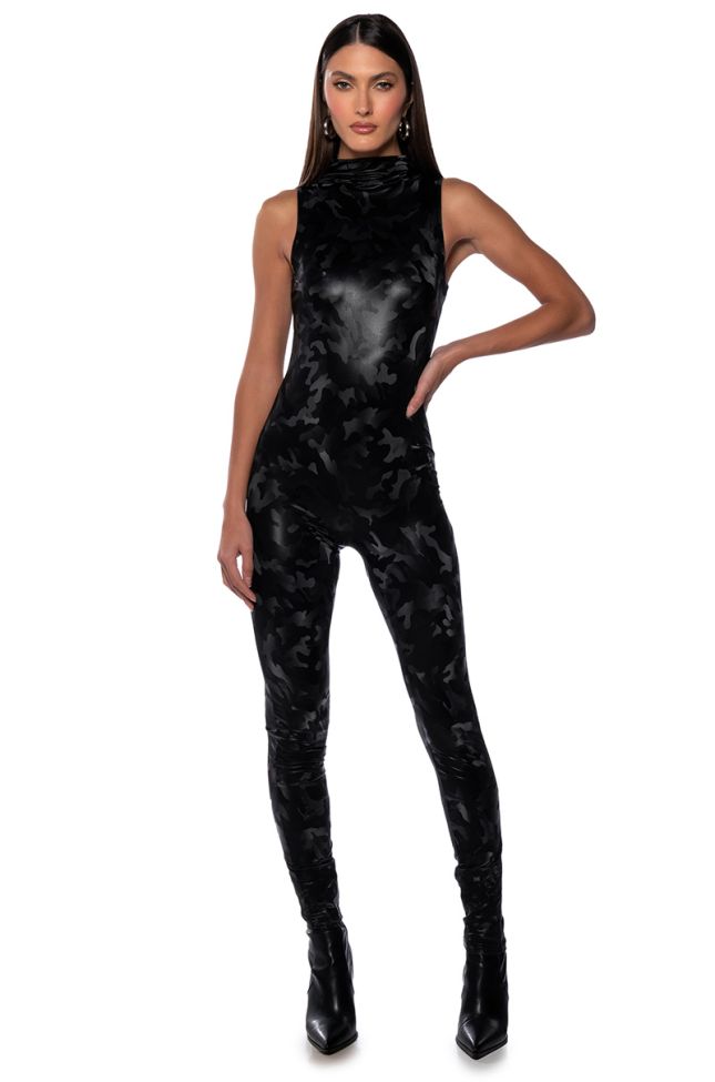 Front View Chrome Camo Sleeveless Pu Jumpsuit