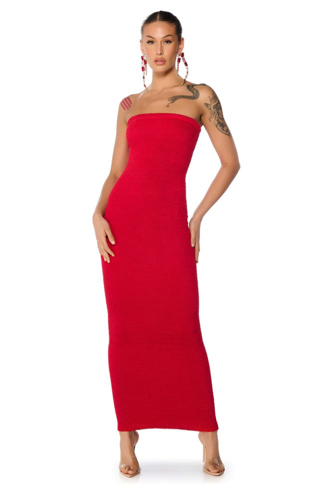 Front View Cinch Me In Knit Tube Maxi Dress In Red