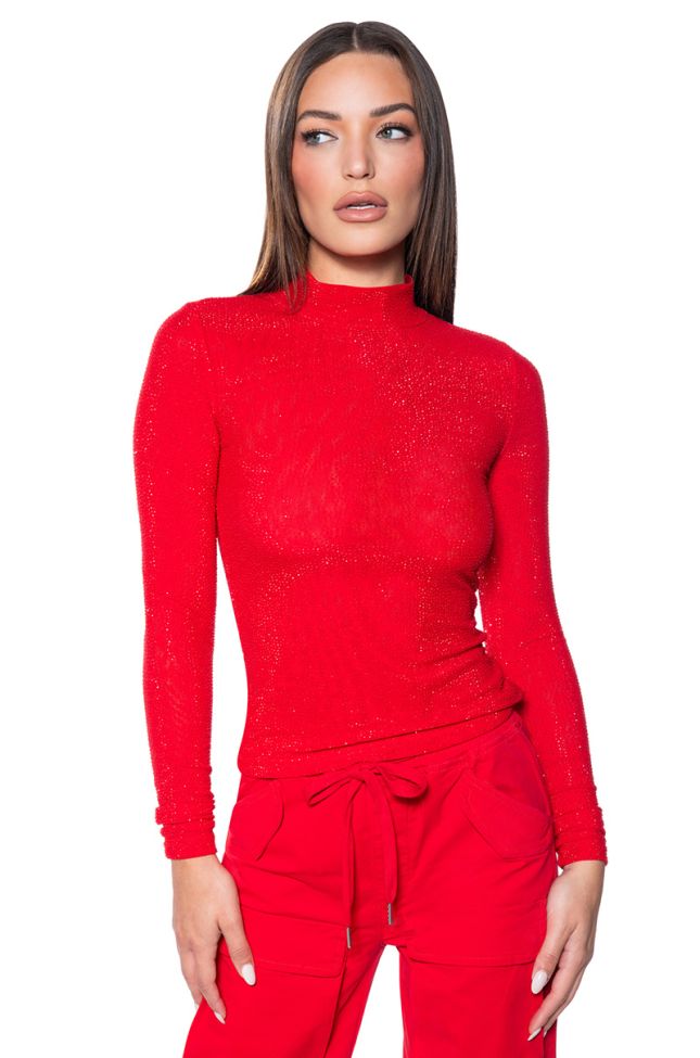 Front View Clarissa Embellished Long Sleeve Mesh Top In Red