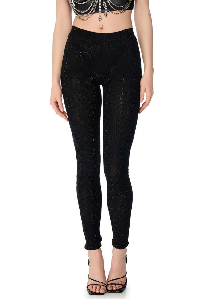 Front View Clarissa Embellished Mesh Leggings In Black