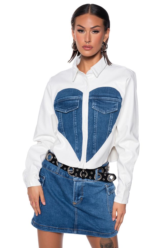 Front View Clear Love Faux Leather Denim Detail Button Down Top
