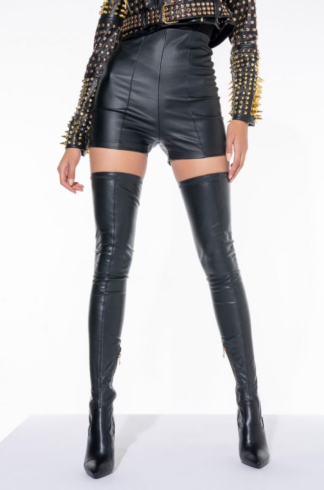 Detail View Club High Waisted Pleather Shorts in Black