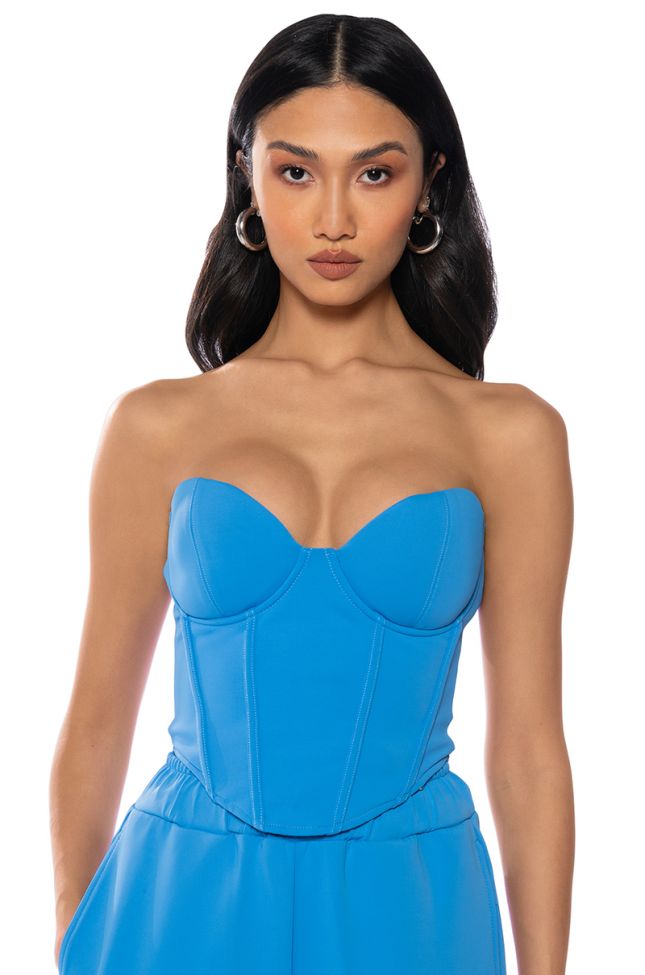 Front View Cocoa Butter Scuba Corset In Blue