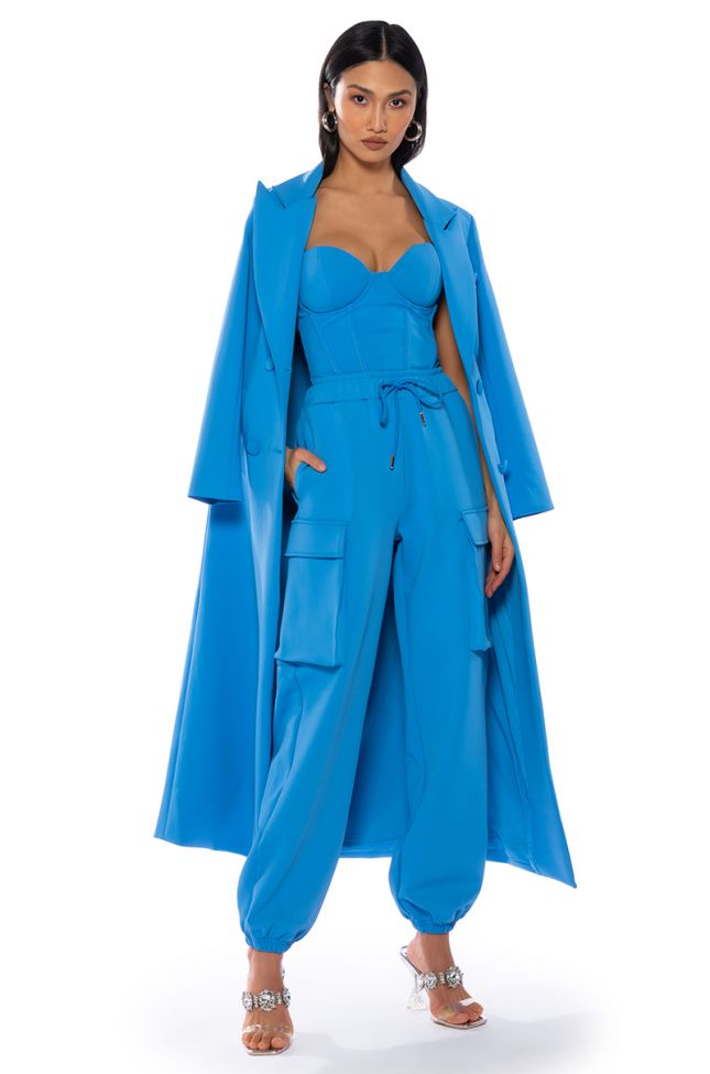 Front View Cocoa Butter Scuba Trench In Blue