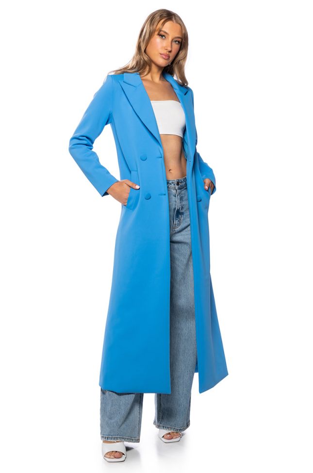Front View Cocoa Butter Scuba Trench In Blue
