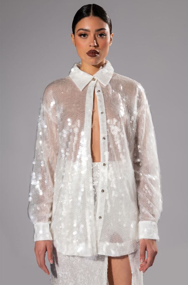 Front View Cold As Ice Sequin Button Down Shirt