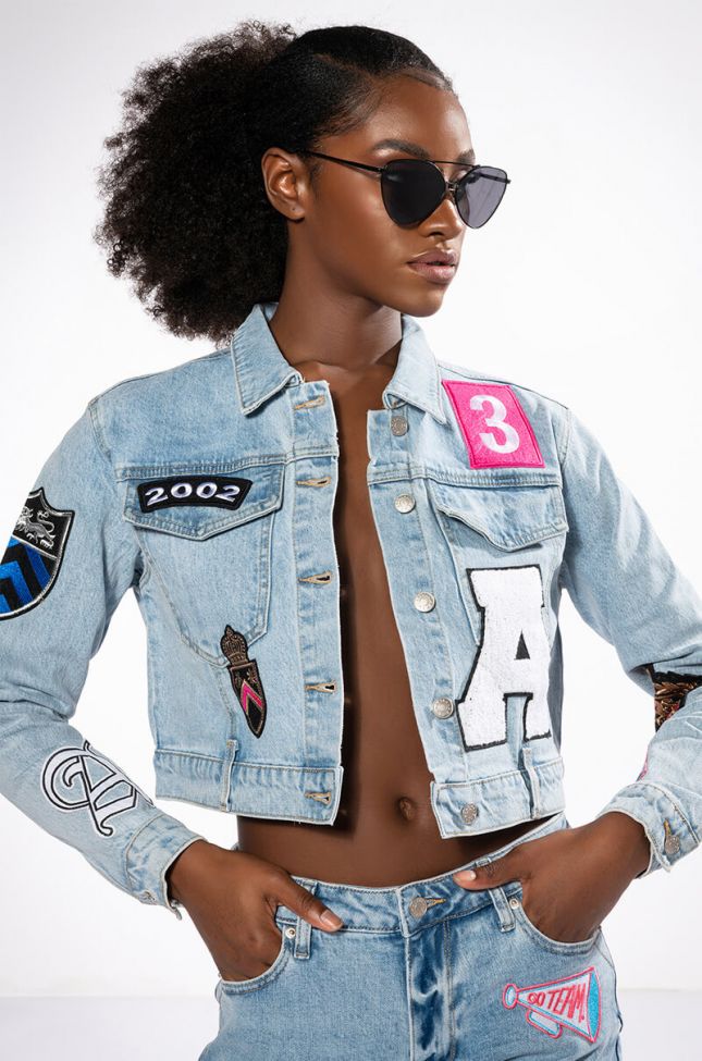 COLLEGIATE OUT OF YOUR LEAGUE PATCHED DENIM JACKET