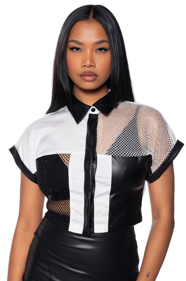 Front View Color Blocked Faux Leather Button Down