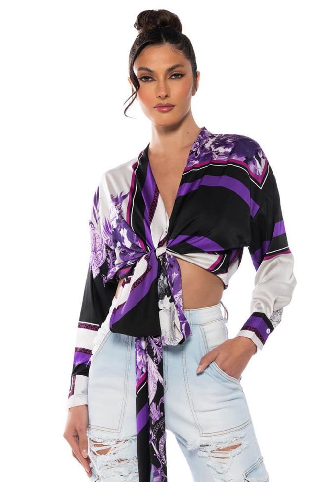 COLORFUL TIE FRONT SATIN BLOUSE