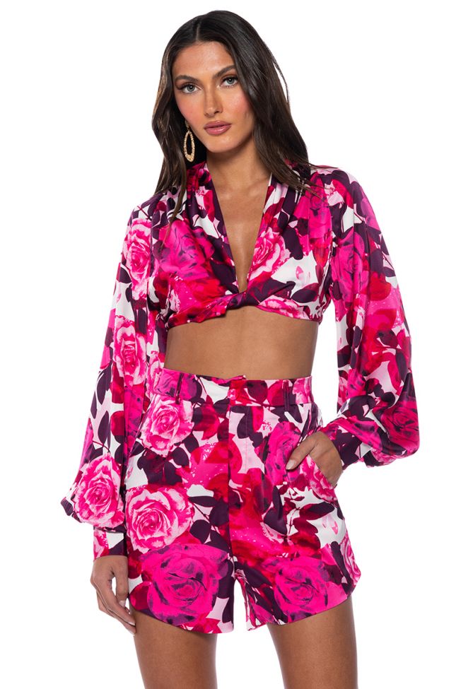 Front View Come My Way Twist Front Ultra Cropped Blouse In Pink Floral