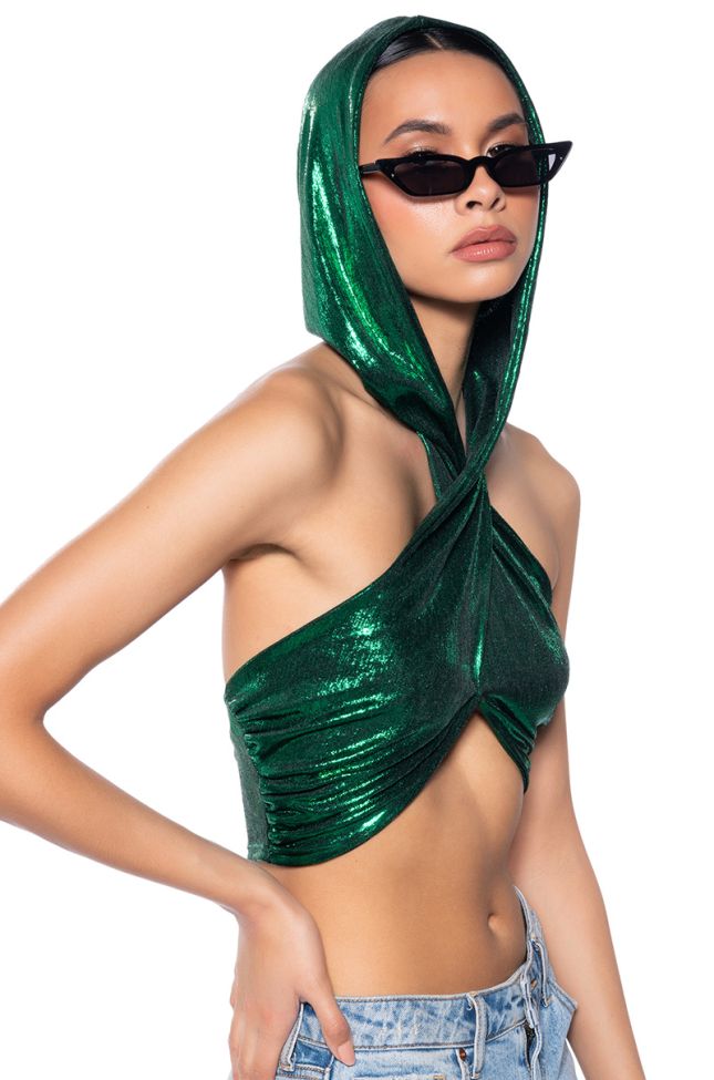Side View Come Through Hooded Metallic Crop Top