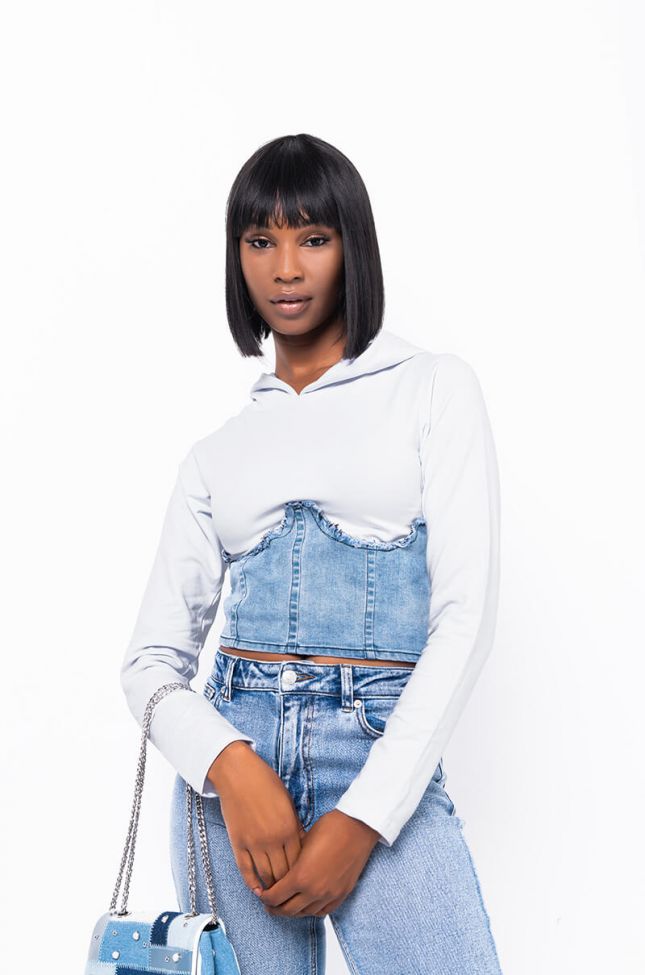 Full View Come To Me Denim Corset Knit Top in White