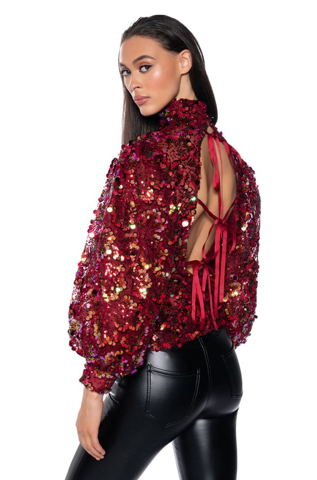Back View Confetti Long Sleeve Mock Neck Blouse In Red