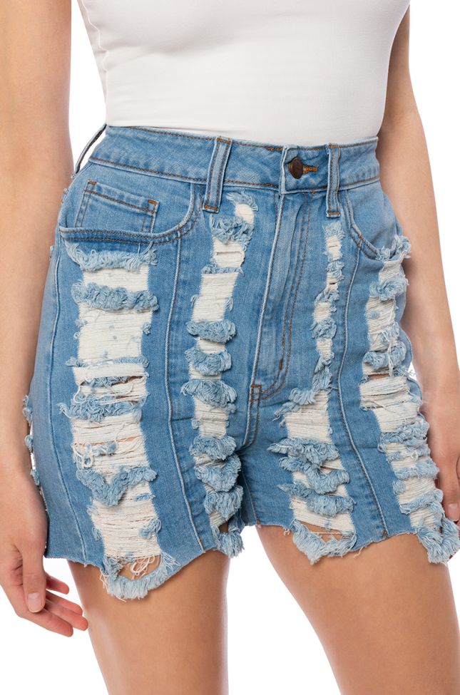 Back View Connie Distressed High Waisted Denim Shorts