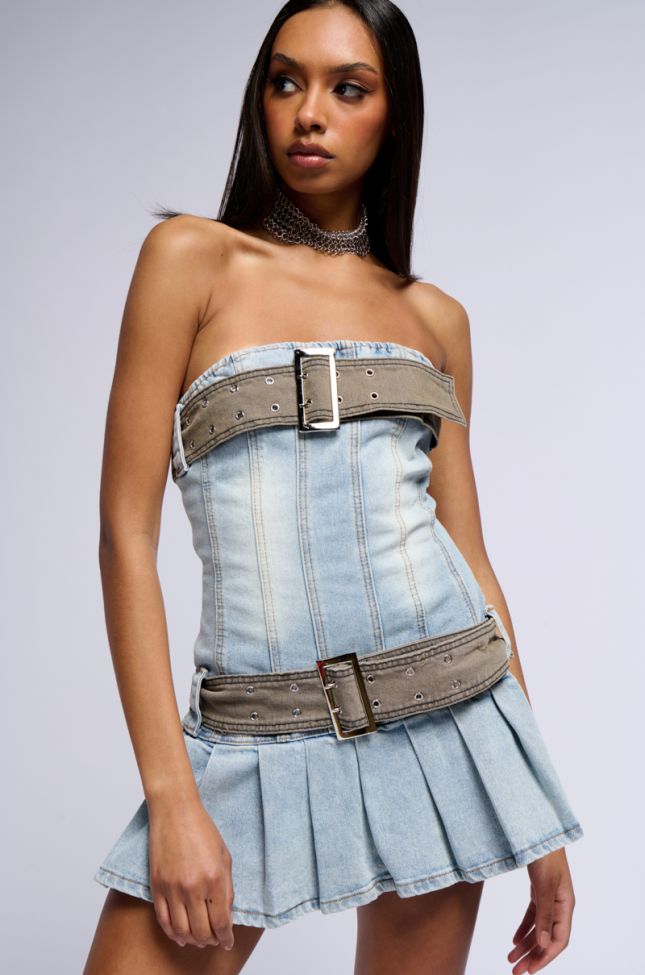 Front View Cool Girl Club Belted Denim Mini Dress