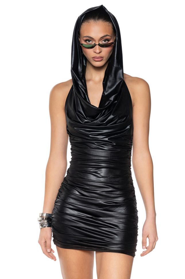 Front View Cool Girl Hooded Mini Dress In Black