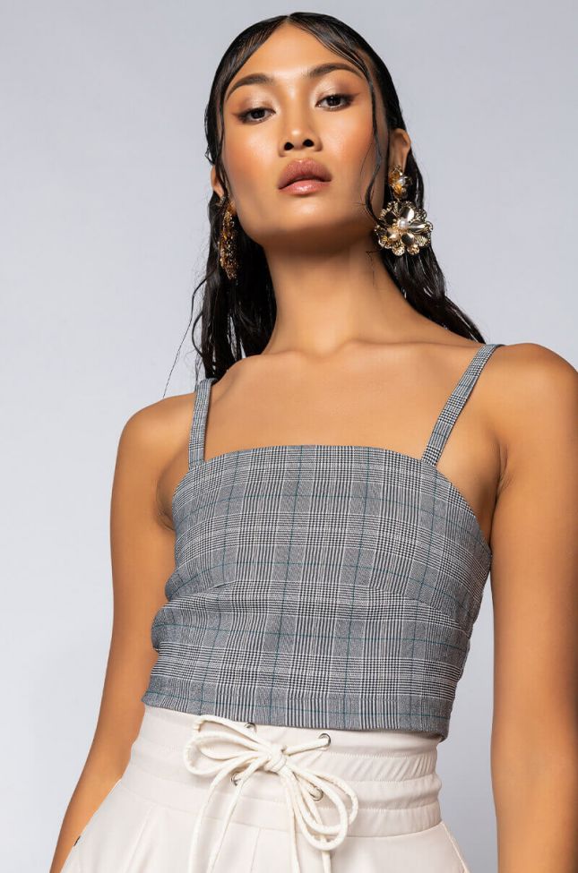 Front View Cool Girl Plaid Crop Top in Grey