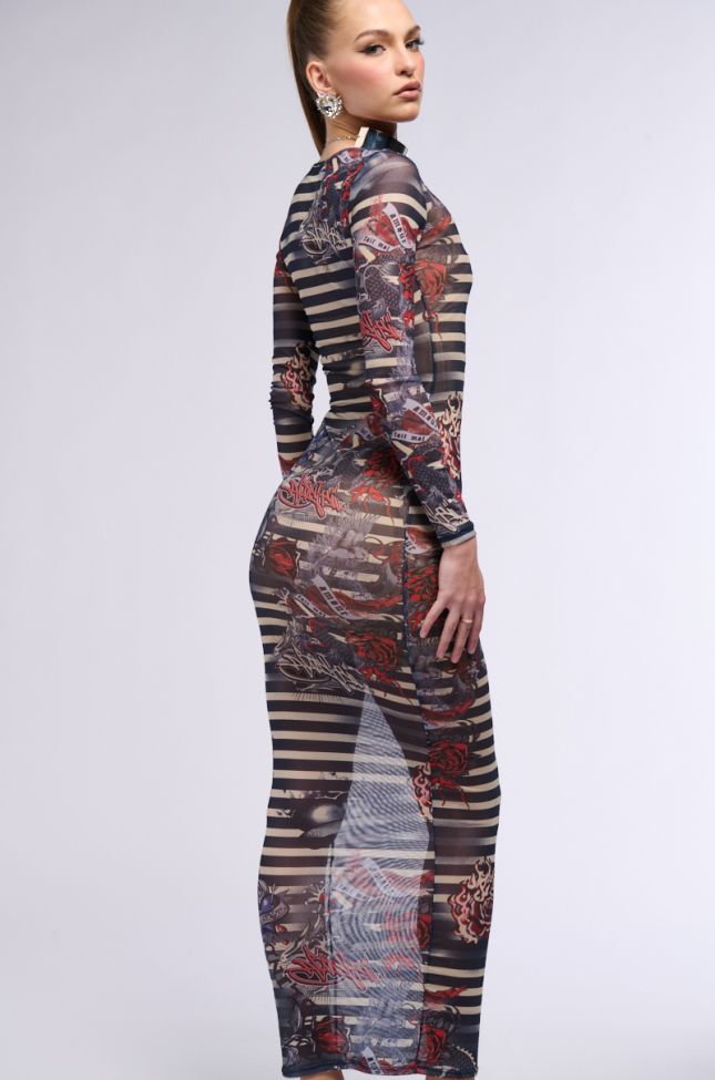 Extra View Coolest Girl On The Block Printed Mesh Maxi Dress