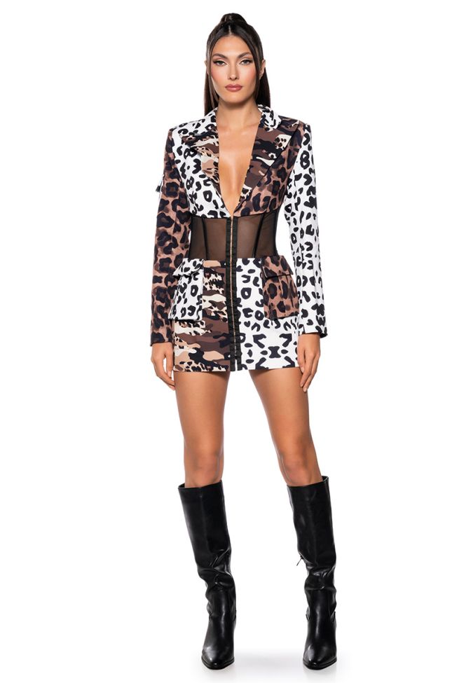 Side View Corset Blazer Dress In Patchwork Cheetah