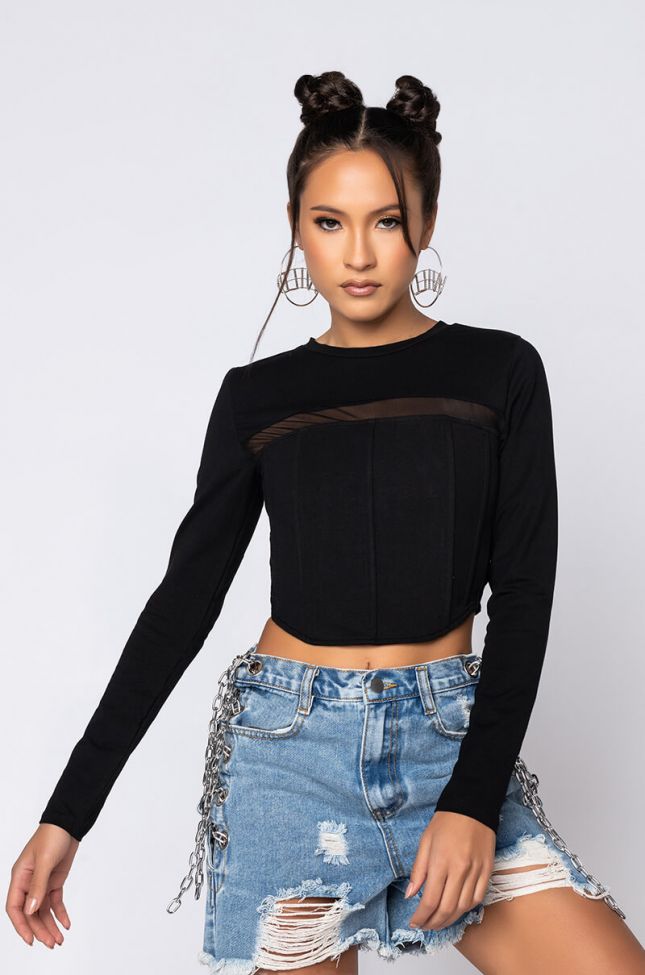 Front View Cory Corseted Long Sleeve Shirt in Black