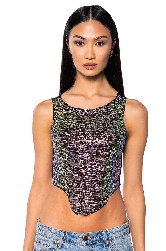 Front View Cosmic Energy Cropped Cut Off Rhinestone Tank In Black