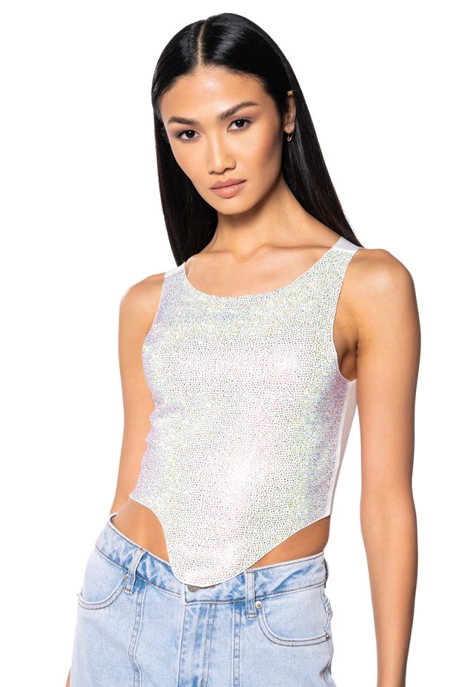 Front View Cosmic Energy Cropped Cut Off Rhinestone Tank In White