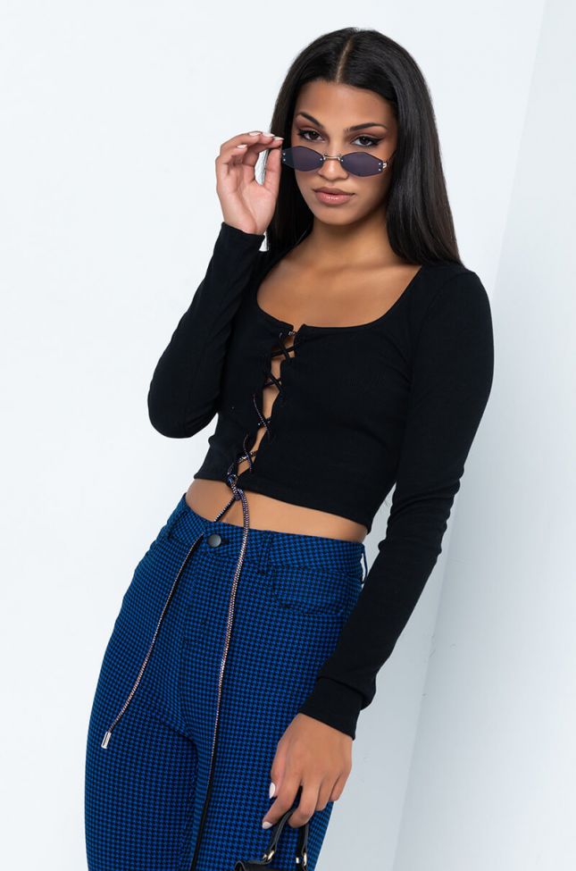 Front View Could Care Less Long Sleeve Lace Up Crop Top in Black