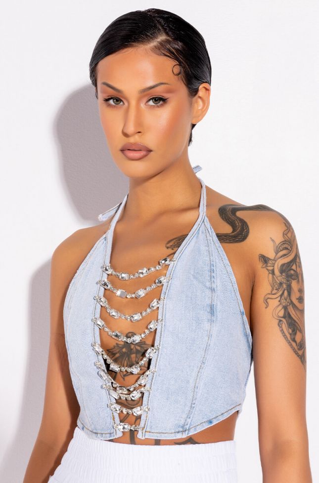 Front View Covered In Diamonds Denim Plunge Crop Top