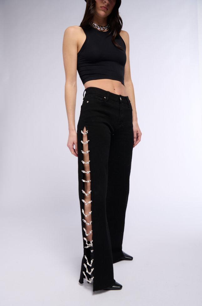 Front View Covered In Diamonds Relaxed Jeans In Black