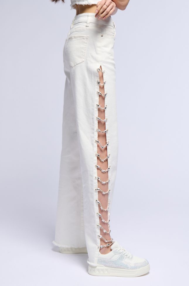 Front View Covered In Diamonds Relaxed Jeans In White