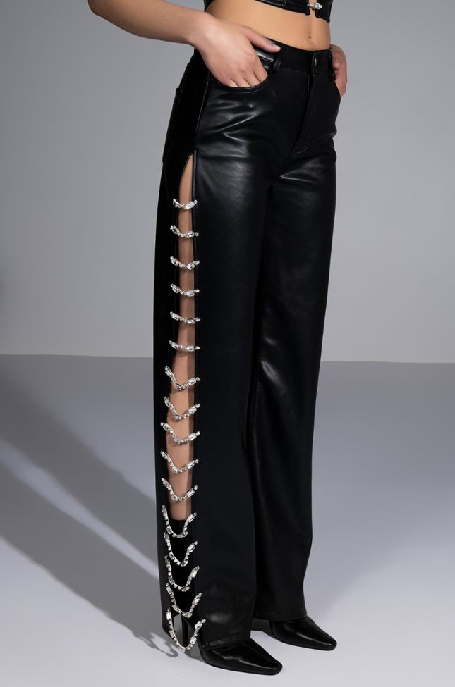 Side View Covered In Ice Faux Leather Rhinestone Pant