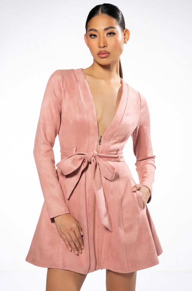 Front View Covet Faux Suede Trench Dress