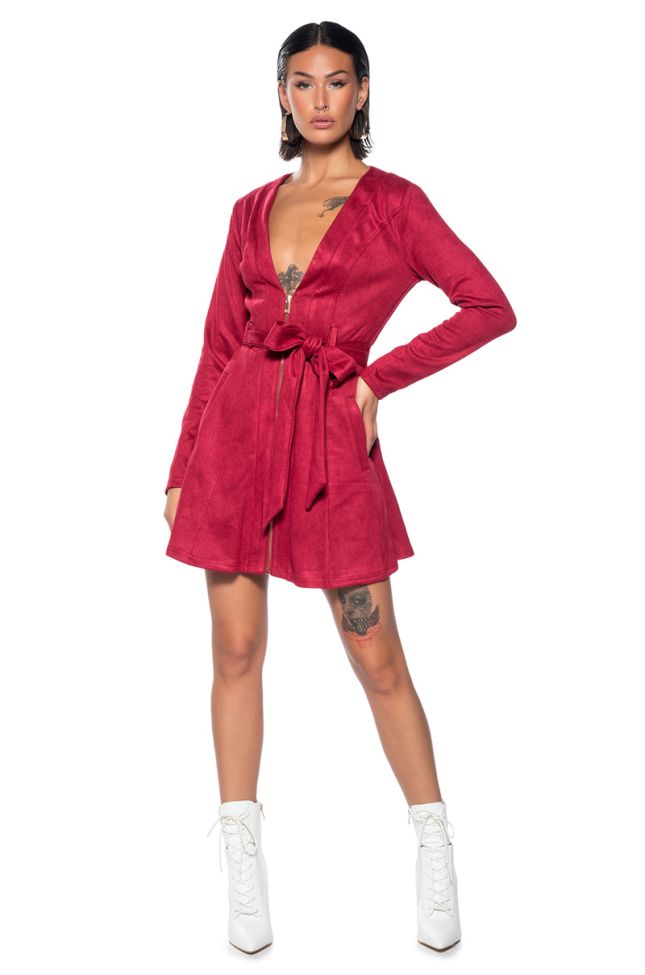Side View Covet Faux Suede Trench Mini Dress In Red