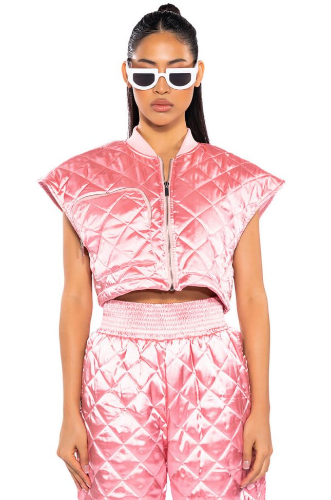 Front View Cozy Mode Quilted Satin Vest In Pink
