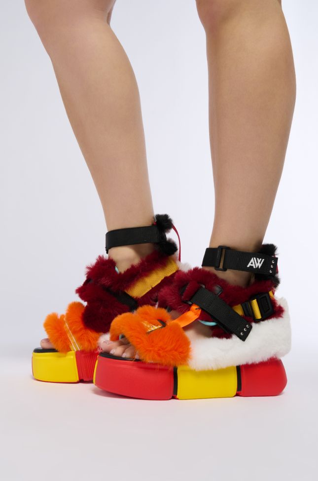 Front View Cranberry Caged Fuzzy Flatform Sandal In Multi