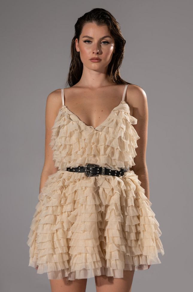 CRAZY FOR YOU BELTED TIERED TULLE MINI DRESS