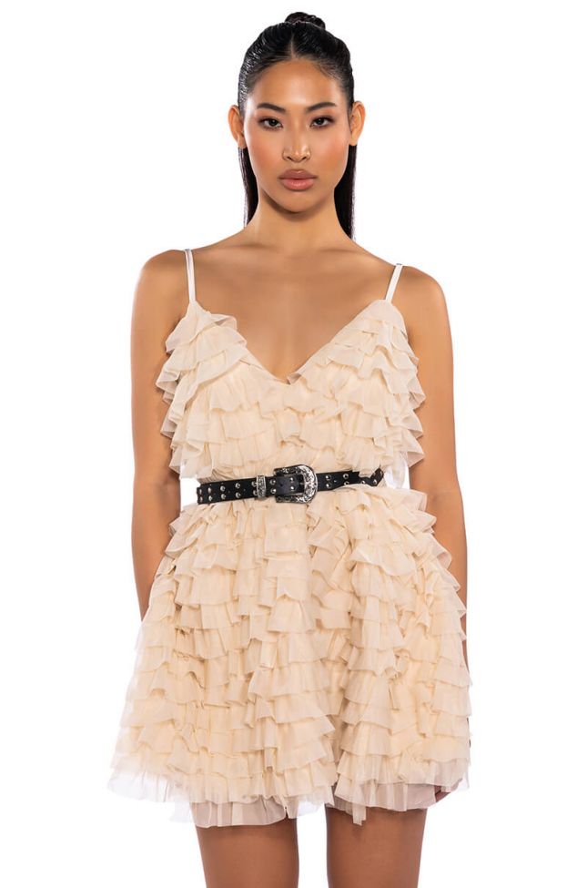 Detail View Crazy For You Belted Tiered Tulle Mini Dress