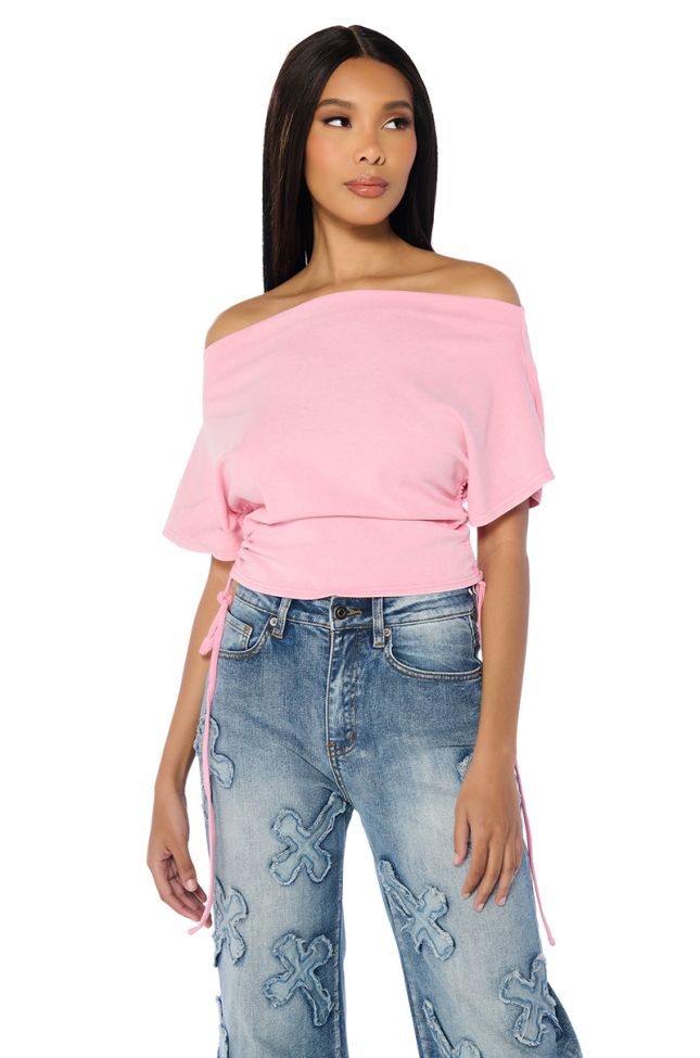 Front View Crazy In Love Short Sleeve Off The Shoulder Tshirt In Pink
