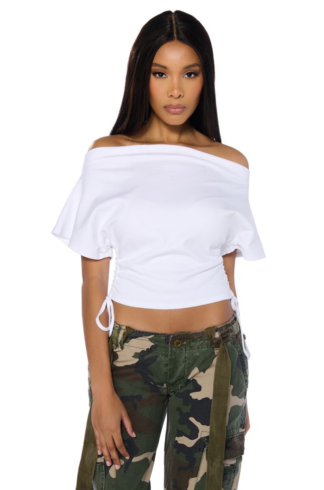 Front View Crazy In Love Short Sleeve Off The Shoulder Tshirt In White