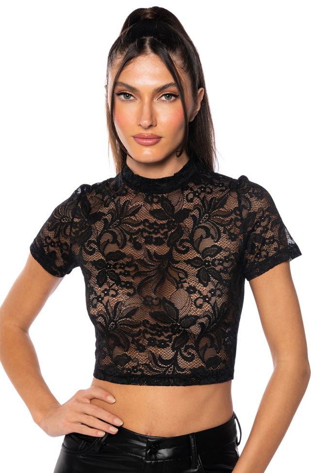 Front View Cristina Short Sleeve Lace T Shirt In Black