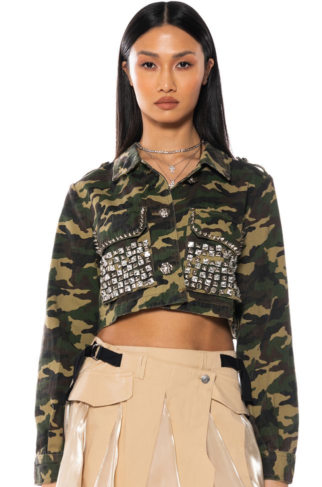 Front View Crop Camo Jacket With Studs