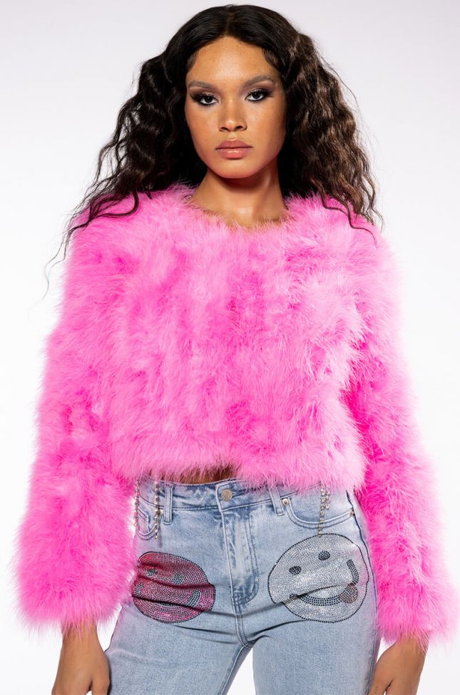 Front View Cropped Feather Jacket In Pink
