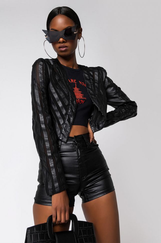 Front View Cropped Mesh Pleather Blazer in Black