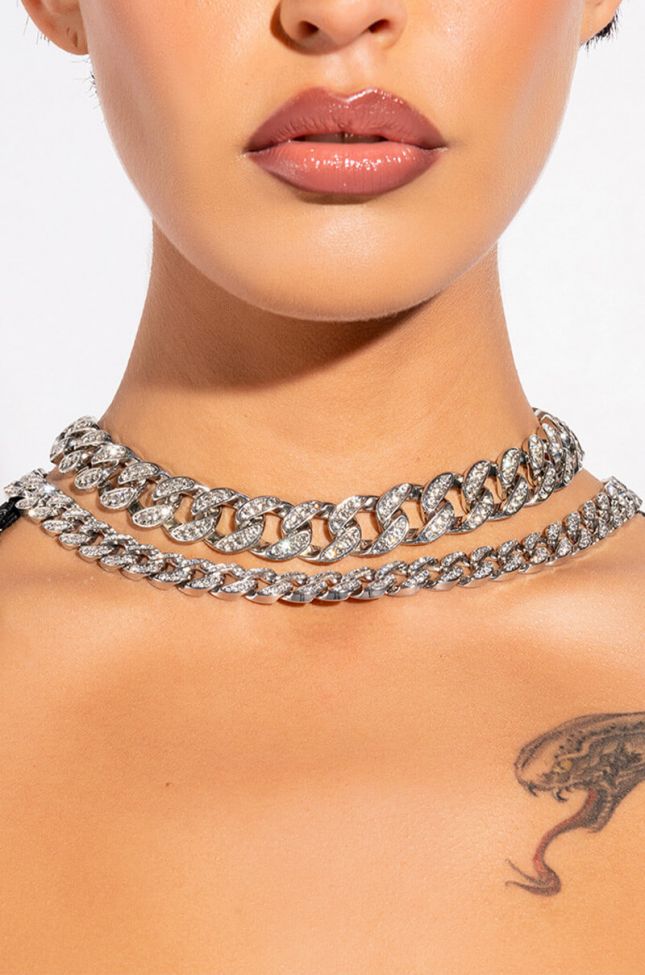 Front View Cubana Silver Chain Set