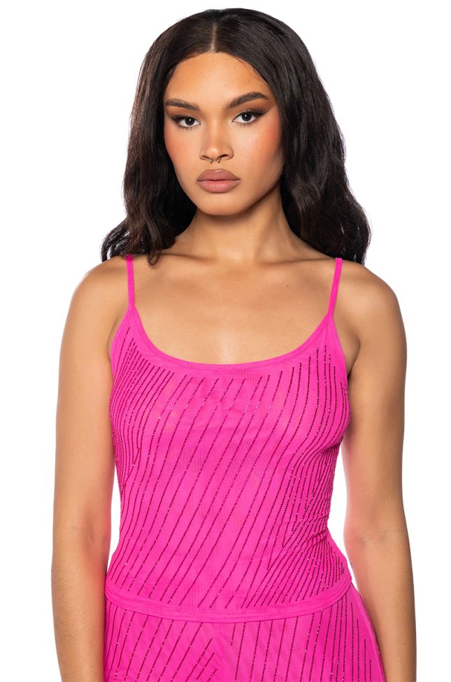 Front View Cuff It Sleeveless Embellished Mesh Tank
