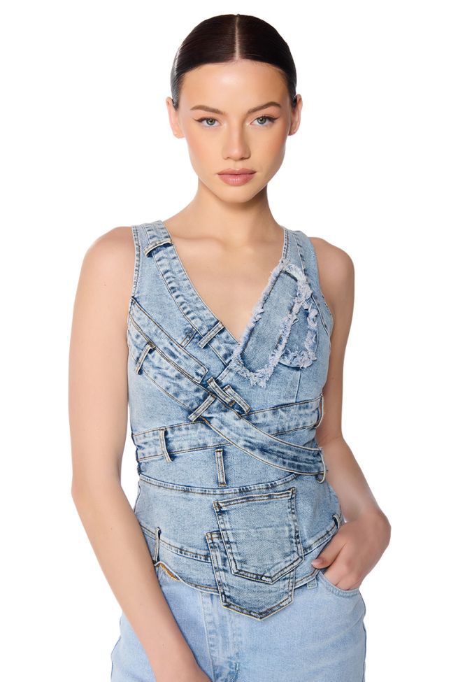 Front View Cuffin It Denim Sleeveless Top